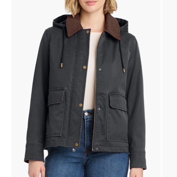 NWT Sanctuary Waxed Barn Coat Raincoat L Removable Hood Corduroy Collar Jacket - Picture 1 of 13